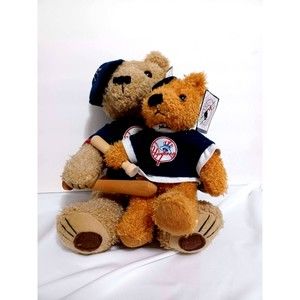 Lot Of 2-MLB Yankees Teddy Bears Stuffed Animal Plush w/ Jerseys Hats Wood Bats